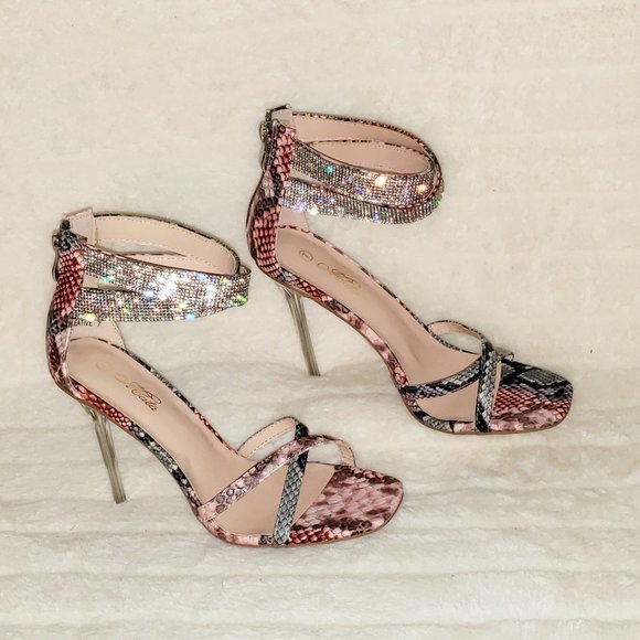Pink Snake Print Rhinestone Double Ankle Strap Closed Back High Heel Shoes - Picture 5 of 12